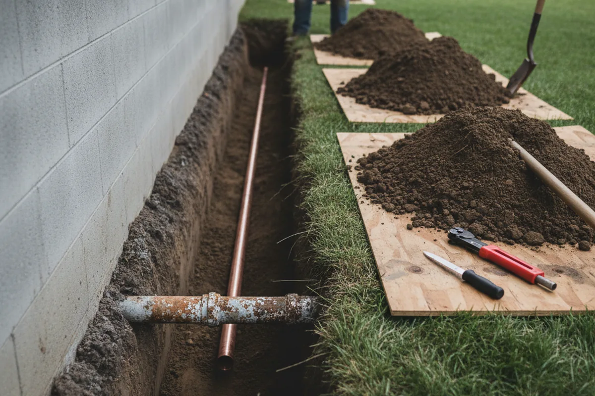 Excavated water line trench during Water Softener Installation in Jesup